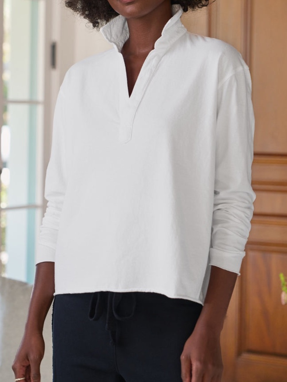 Frank & Eileen White Patrick Notch Collar Pullover Polo Top S Minimalist Neutral